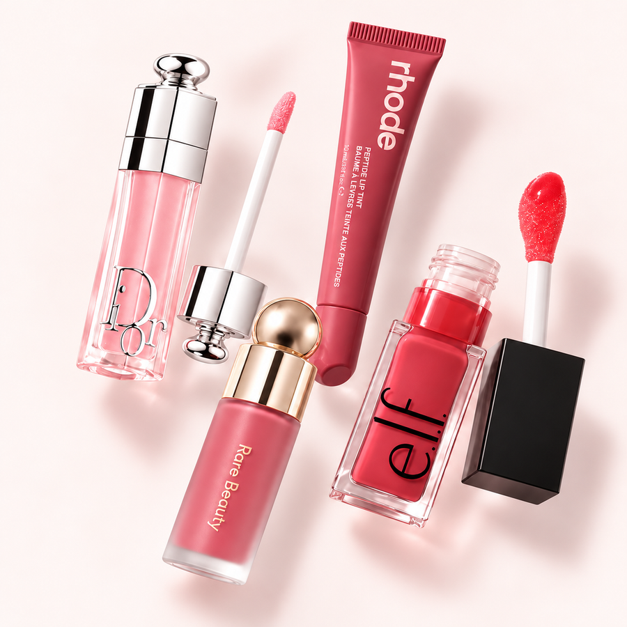 Maquillajes Dior, Rhode, Rare Beauty y elf flotando